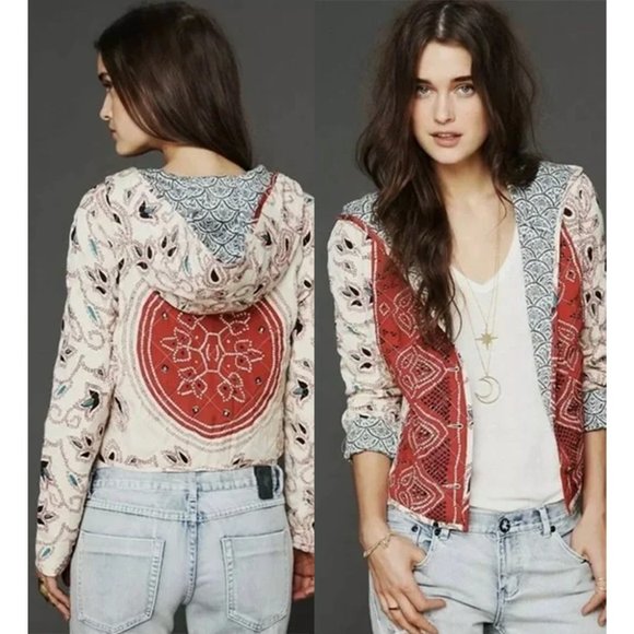 Free People Multicolor Patterned Embroidery Bomber Jacket Button Front Pockets M - Picture 2 of 14
